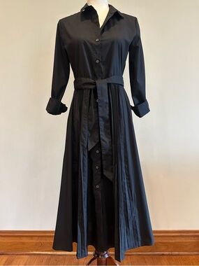 Banana Republic Black Long-Sleeve Poplin Maxi Pleated Shirt Dress with Waist Tie